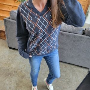 Blue Argyle Nick Danger Sweater Orange White Diamond Pullover V-Neck S
